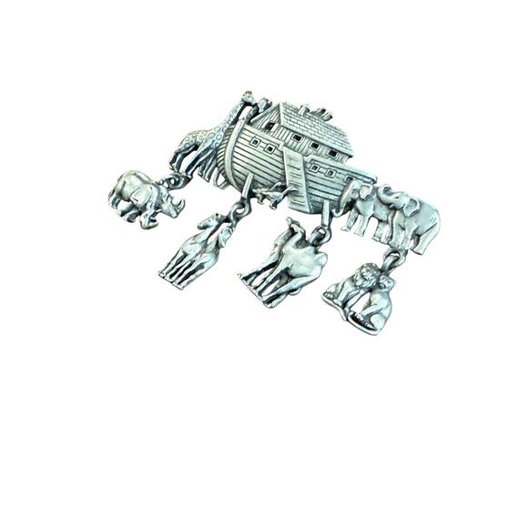 Noahs Ark JJ Jonette Jewelry Signed Brooch Pin Pewter Dangling Animal Pairs VTG - Picture 3 of 8